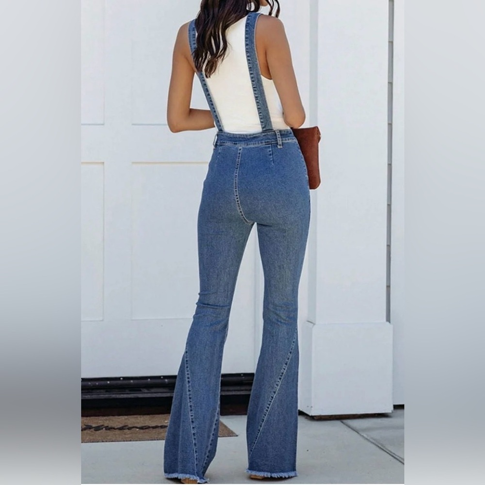 Vici Dark Blue Denim Flared Overalls in Small - Picture 9 of 12